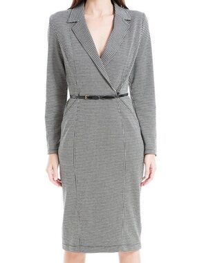 Max Studio Black & White Houndstooth Long-Sleeve Wrap Sheath Dress